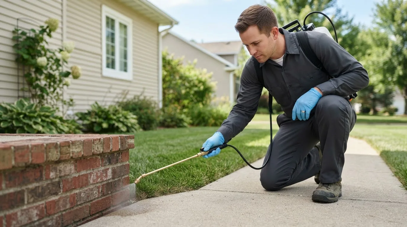 Pest control technician treating a home near Waukomis, OK