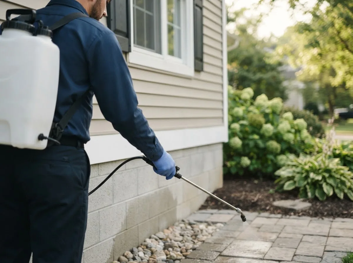 Pest control technician inspecting a home in Waukomis, OK